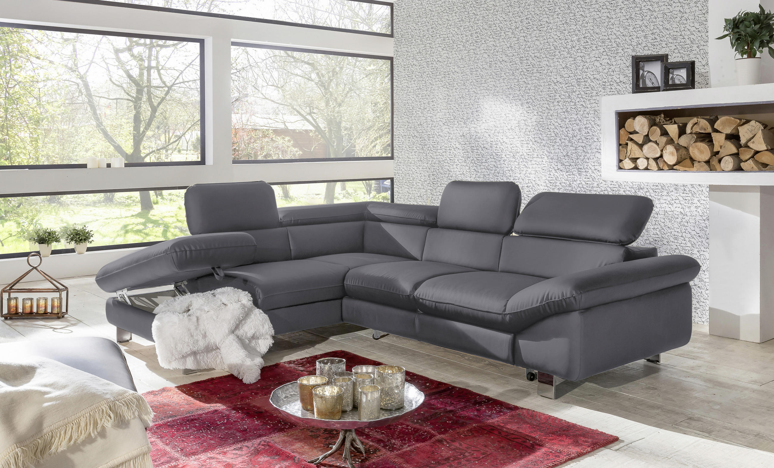 WOHNLANDSCHAFT Fango Lederlook  - Chromfarben/Fango, MODERN, Textil/Metall (214/266cm) - MID.YOU