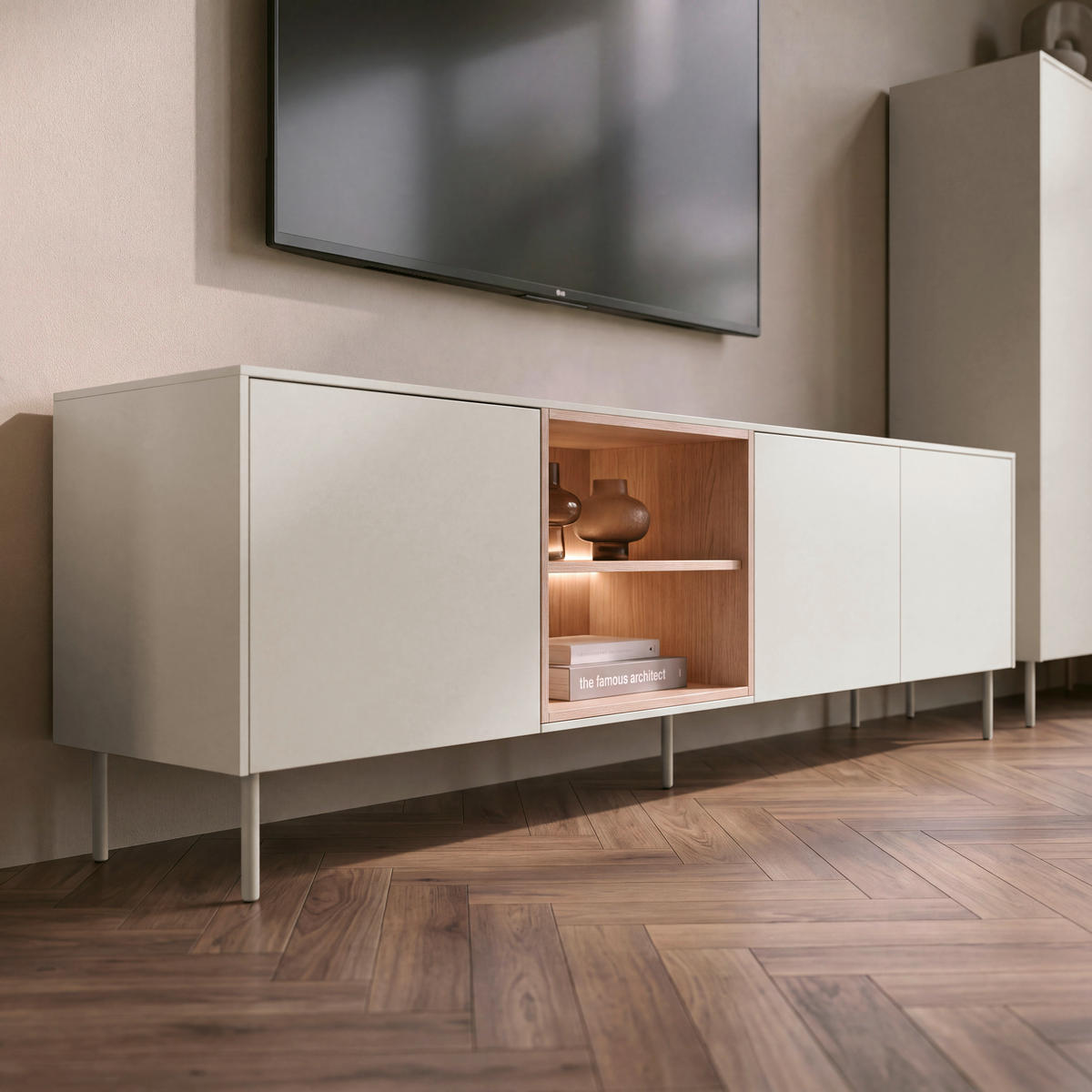 TV-ELEMENT Eichefarben, Kaschmir  195/57/41 cm  - Kaschmir/Eichefarben, Modern, Glas/Holzwerkstoff (195/57/41cm) - Carryhome