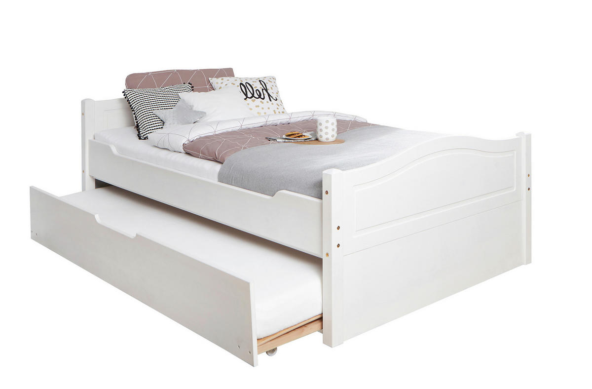 AUSZIEHBETT 120/200 cm,  in Weiß, Bettkasten, Rollrost für Zusatzbett, Rollrost für Hauptbett  - Naturfarben/Weiß, MODERN, Holz (120/200cm) - MID.YOU