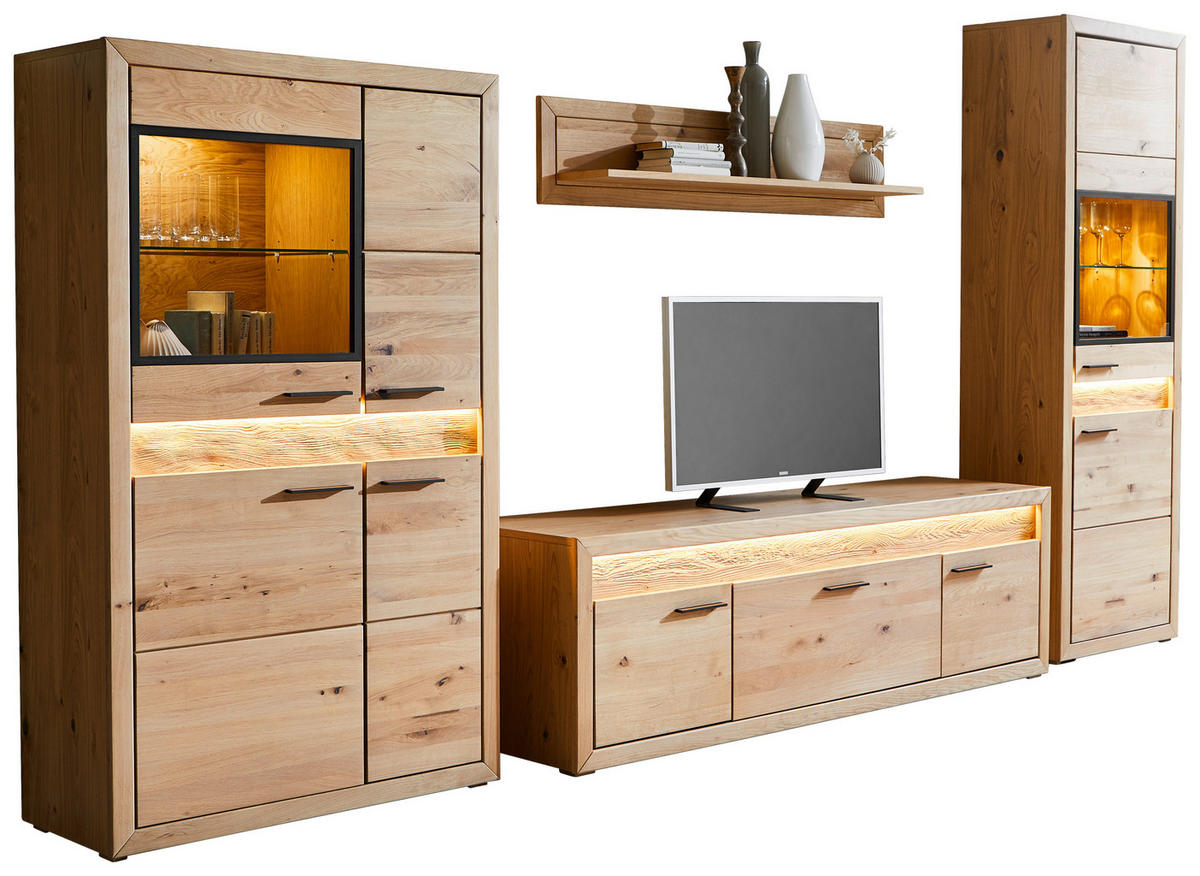 WOHNWAND 4-teilig  in Eichefarben  359/198/49 cm    - Eichefarben/Schwarz, KONVENTIONELL, Glas/Holz (359/198/49cm) - Cantus