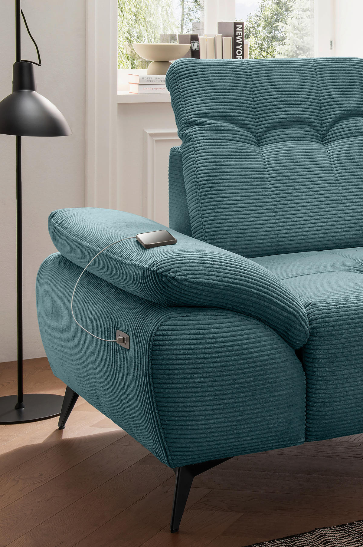 ECKSOFA FIORE in Cord Petrol Kopfteilverstellung, Sitzvorzug  280/180 cm  - Petrol/Schwarz, MODERN, Textil/Metall (280/180cm) - Livetastic