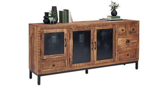 SIDEBOARD Mangoholz massiv Braun, Schwarz Einlegeböden  - Schwarz/Braun, LIFESTYLE, Holz/Metall (185/85/40cm) - Landscape