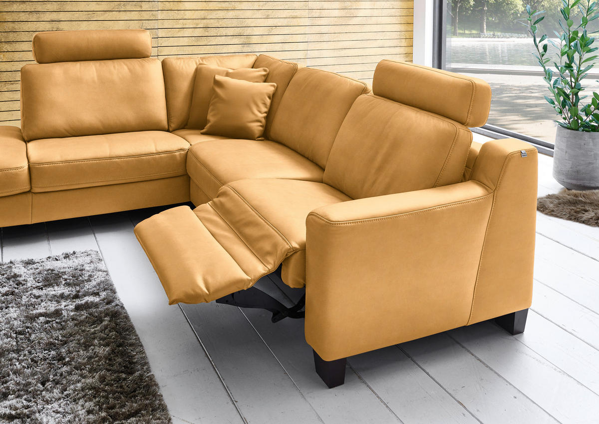 ECKSOFA in Echtleder Currygelb  235/259 cm  - Currygelb/Eichefarben, Design, Leder/Holz (235/259cm) - Valdera