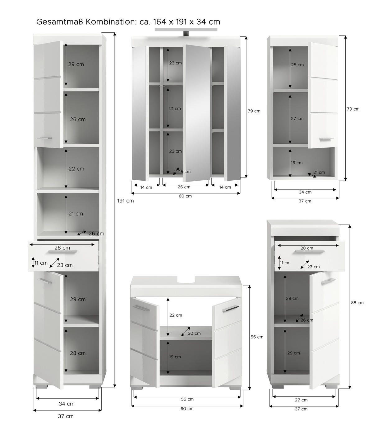 BADEZIMMER 5-teilig  in 134 cm  - Weiß Hochglanz/Silberfarben, MODERN, Glas/Holzwerkstoff (134cm) - MID.YOU