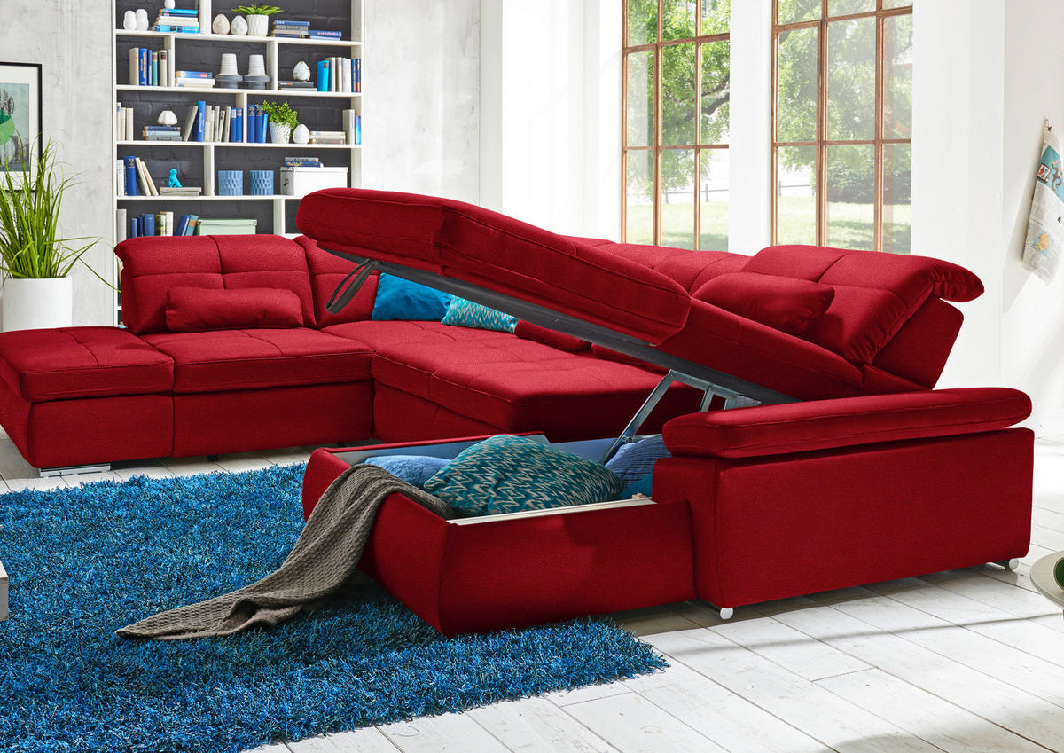 WOHNLANDSCHAFT  in Mikrofaser Rot  - Chromfarben/Rot, Design, Holzwerkstoff/Textil (260/371/195cm) - Beldomo Style