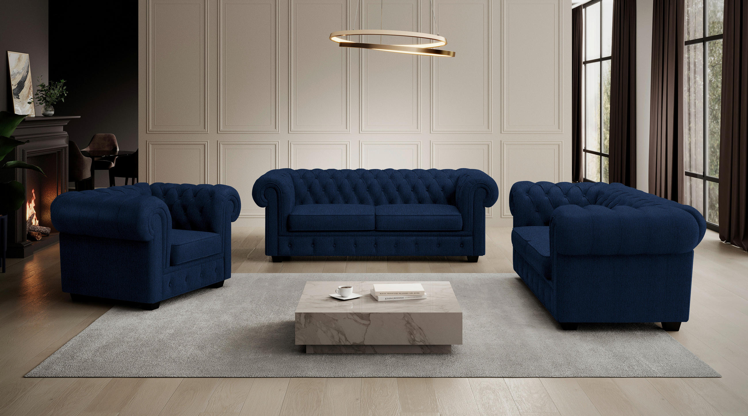 CHESTERFIELD-SOFA in Webstoff Dunkelblau  - Wengefarben/Dunkelblau, Lifestyle, Holz/Textil (206/76,5/96cm) - Landscape