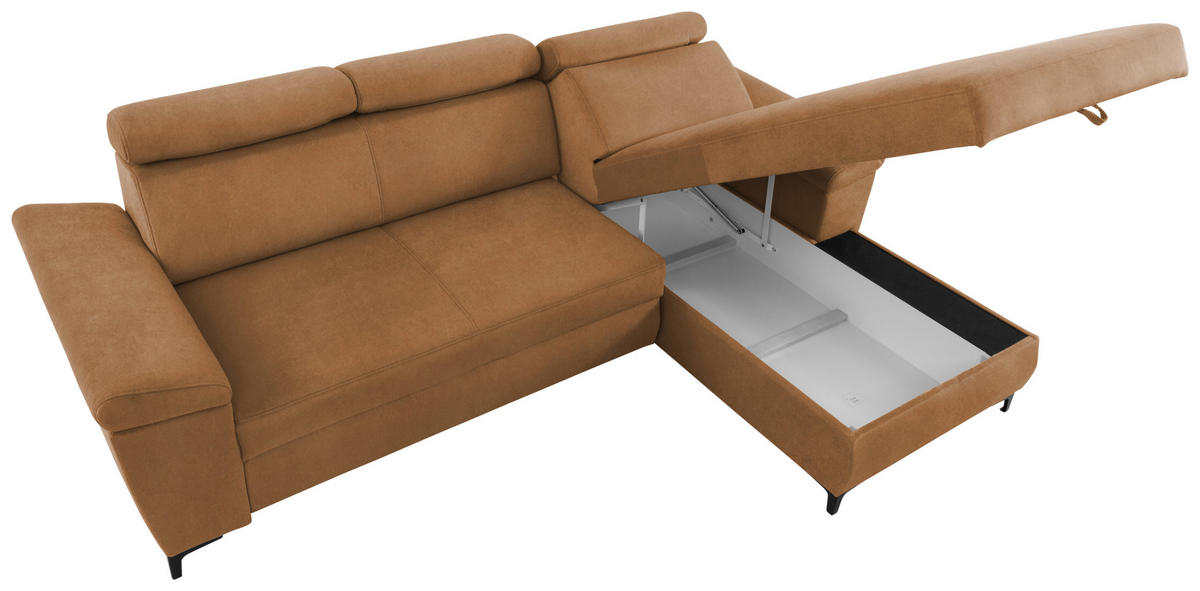 ECKSOFA in Velours Bernsteinfarben  - Bernsteinfarben/Schwarz, Modern, Textil/Metall (258/176cm) - MID.YOU