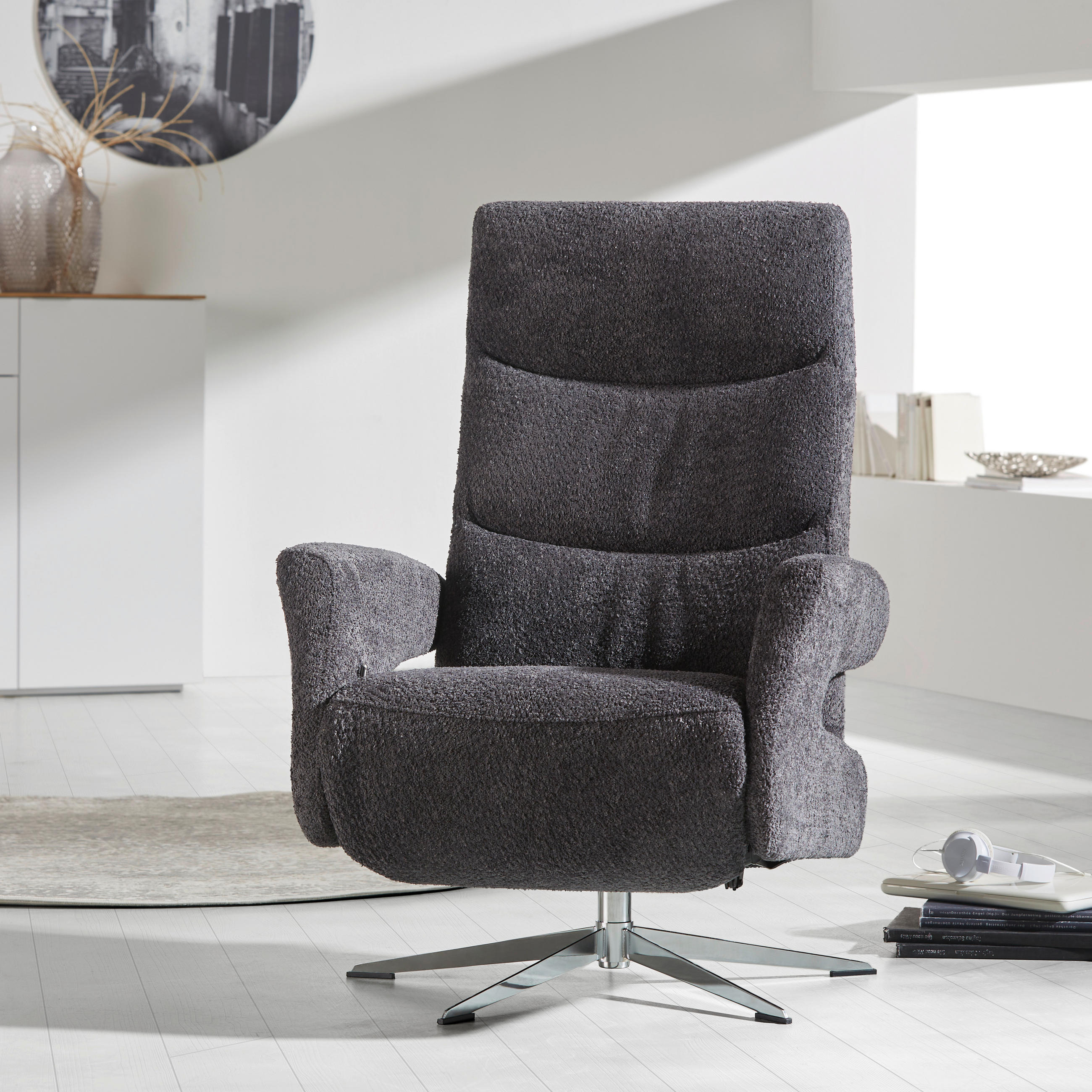 RELAXSESSEL Teddystoff Relaxfunktion, Fußteilverstellung    - Chromfarben/Anthrazit, Design, Textil/Metall (75/106/89cm) - Welnova