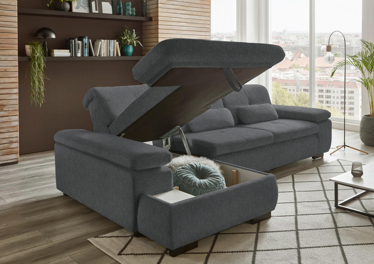 ECKSOFA in Flachgewebe Graubraun  - Graubraun/Schwarz, Design, Textil/Metall (174/297cm) - Beldomo Style