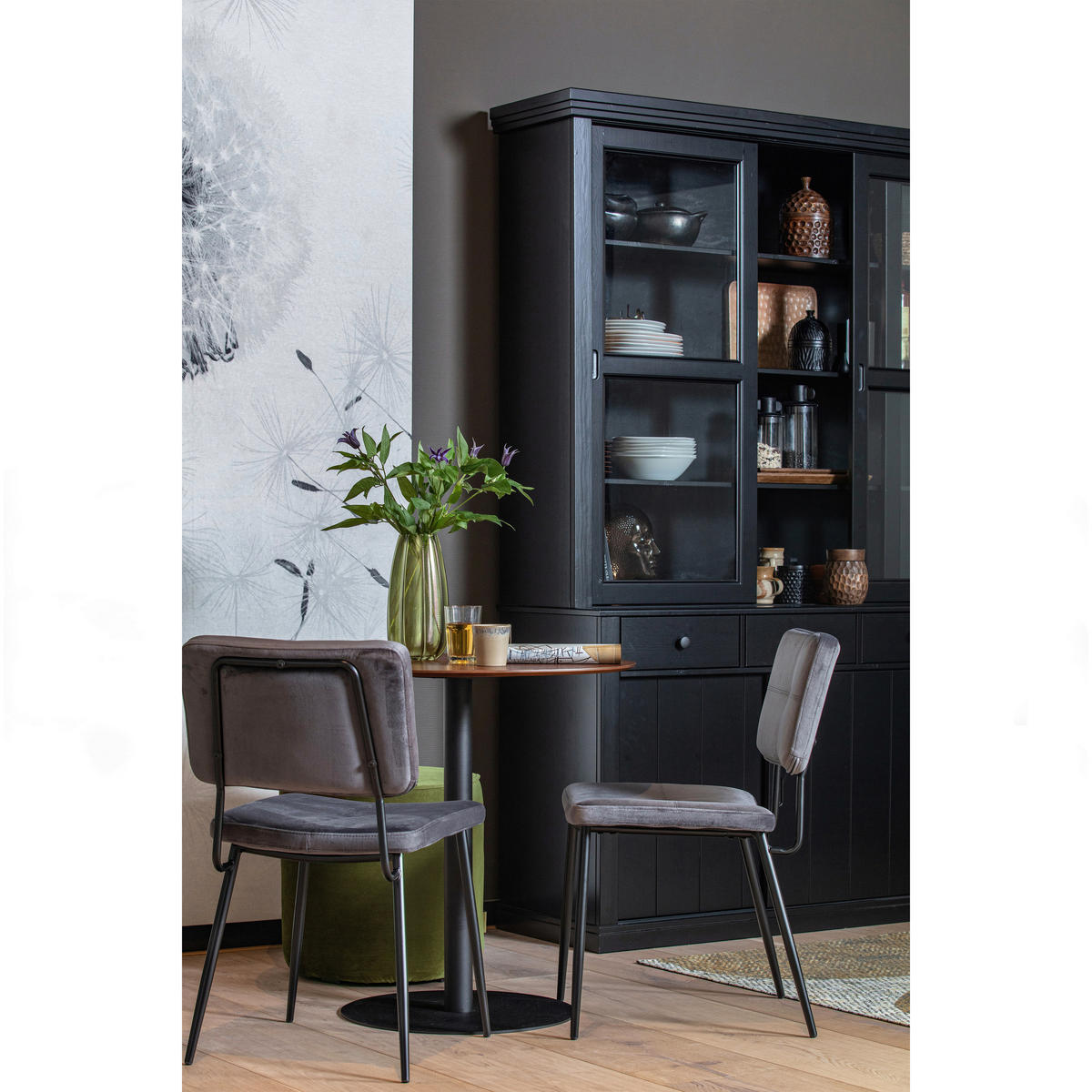 VITRINE  in vollmassiv Kiefer Schwarz  - Schwarz, Design, Glas/Holz (166/214/48cm) - Livetastic