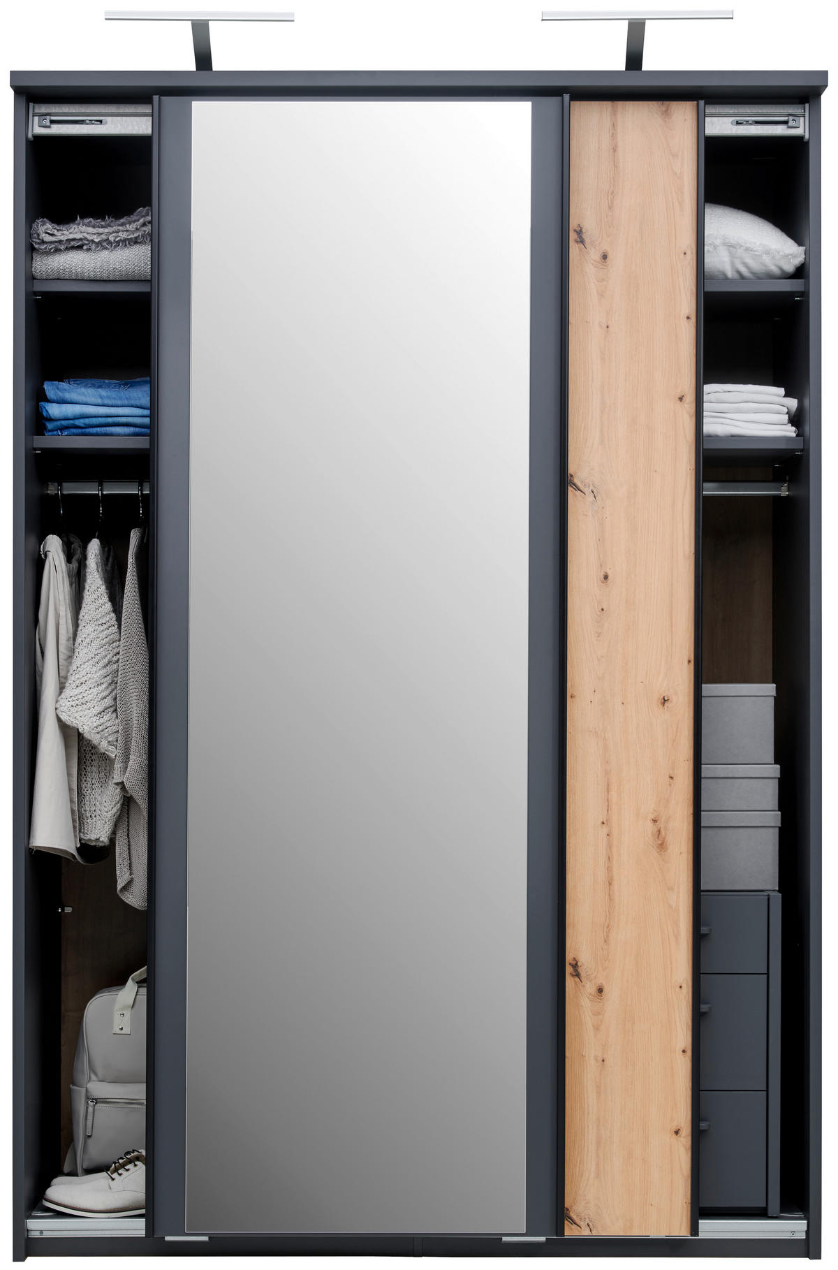 SCHWEBETÜRENSCHRANK in Dunkelgrau, Eiche Artisan  - Dunkelgrau/Schwarz, Konventionell, Glas/Holzwerkstoff (144/211/64,5cm) - Venda