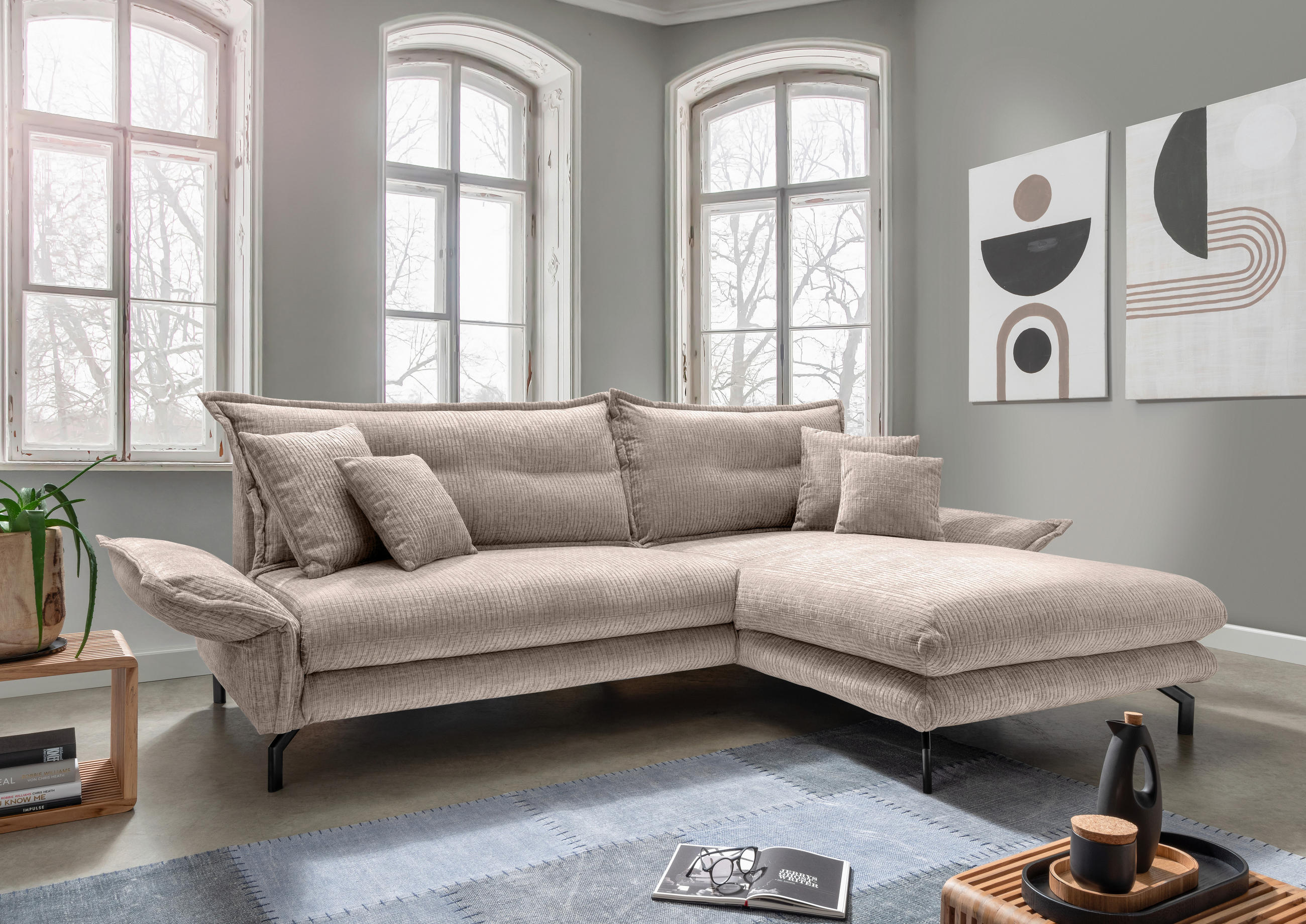 ECKSOFA Beige Mikrofaser  - Beige/Schwarz, Design, Textil/Metall (255/180cm) - Livetastic
