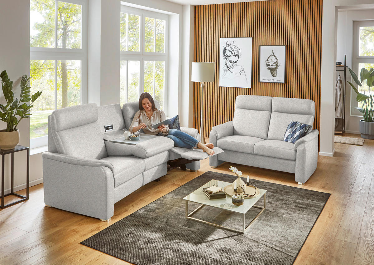 TRAPEZSOFA  in Flachgewebe Ecru  - Ecru/Alufarben, KONVENTIONELL, Textil/Metall (218/107/103cm) - Beldomo Comfort