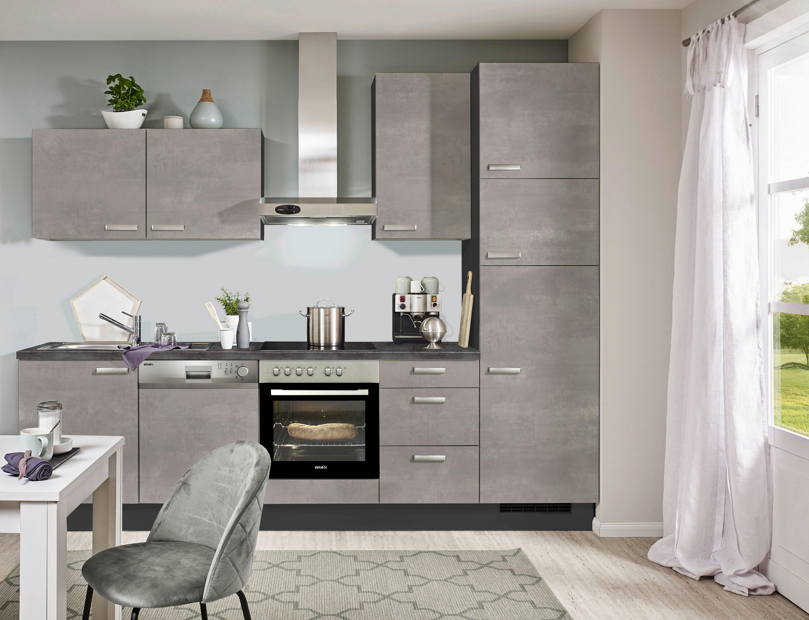 KÜCHENBLOCK 290 cm   in Graphitfarben, Grau  - Edelstahlfarben/Graphitfarben, KONVENTIONELL, Holzwerkstoff/Metall (290cm) - Xora