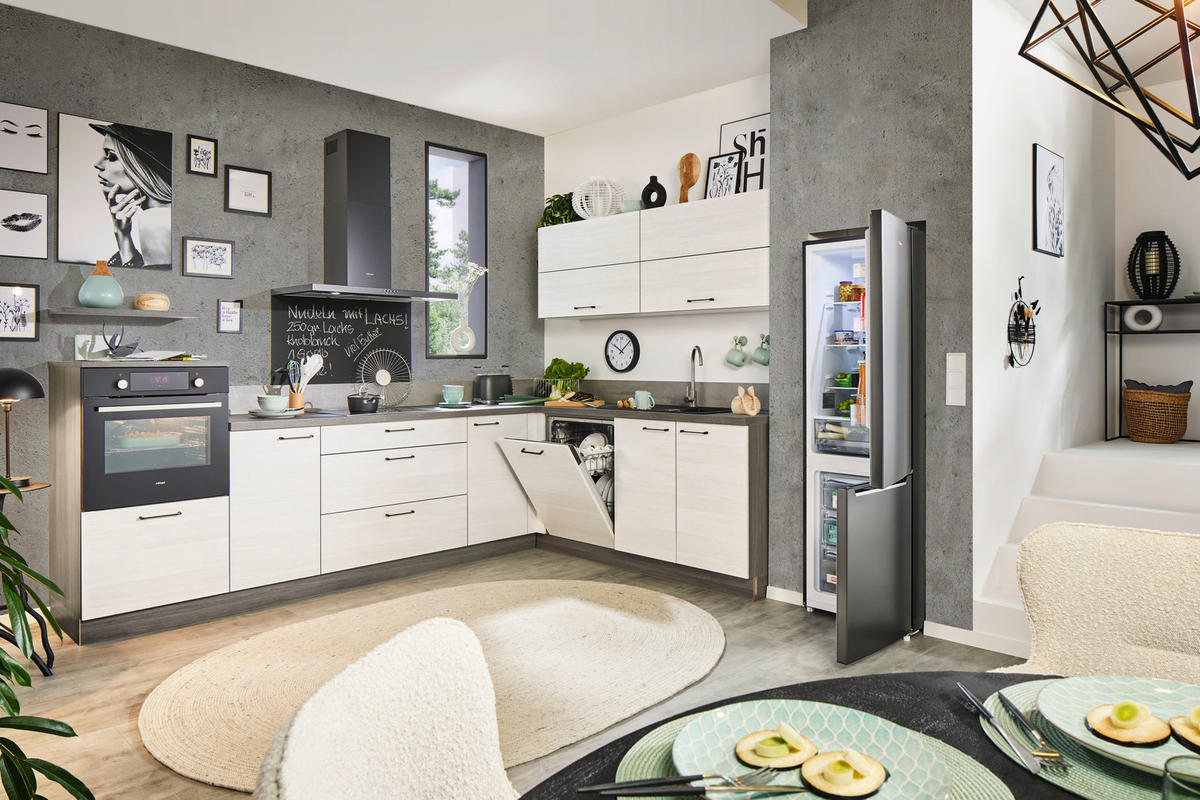 ECKKÜCHE 305/215 cm  in Grau, Weiß, Eichefarben  - Eichefarben/Schwarz, KONVENTIONELL, Holzwerkstoff/Metall (305/215cm) - Welnova