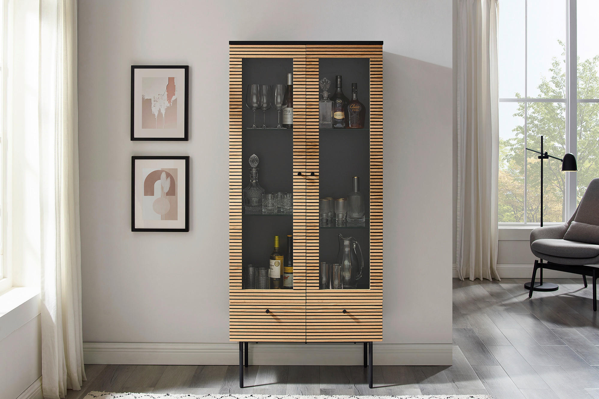 VITRINE in furniert Eiche Schwarz, Eichefarben  - Klar/Eichefarben, Design, Glas/Holz (79/179/43cm) - Livetastic