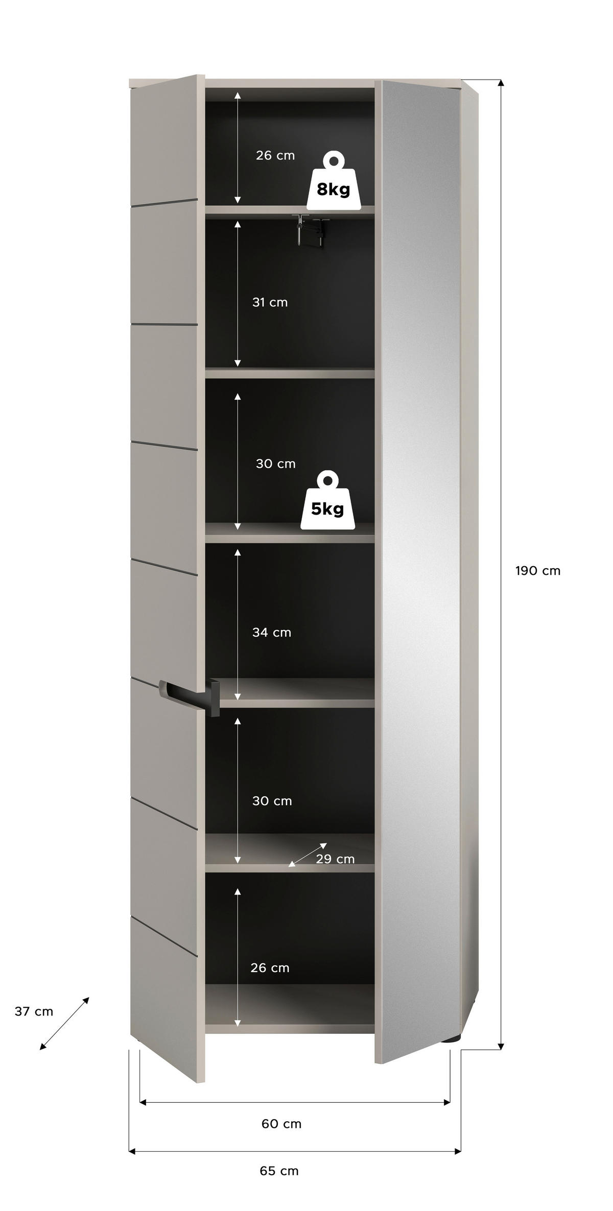 GARDEROBENSCHRANK  in 65/190/37 cm  - Kaschmir/Schwarz, Design, Holzwerkstoff/Kunststoff (65/190/37cm) - MID.YOU