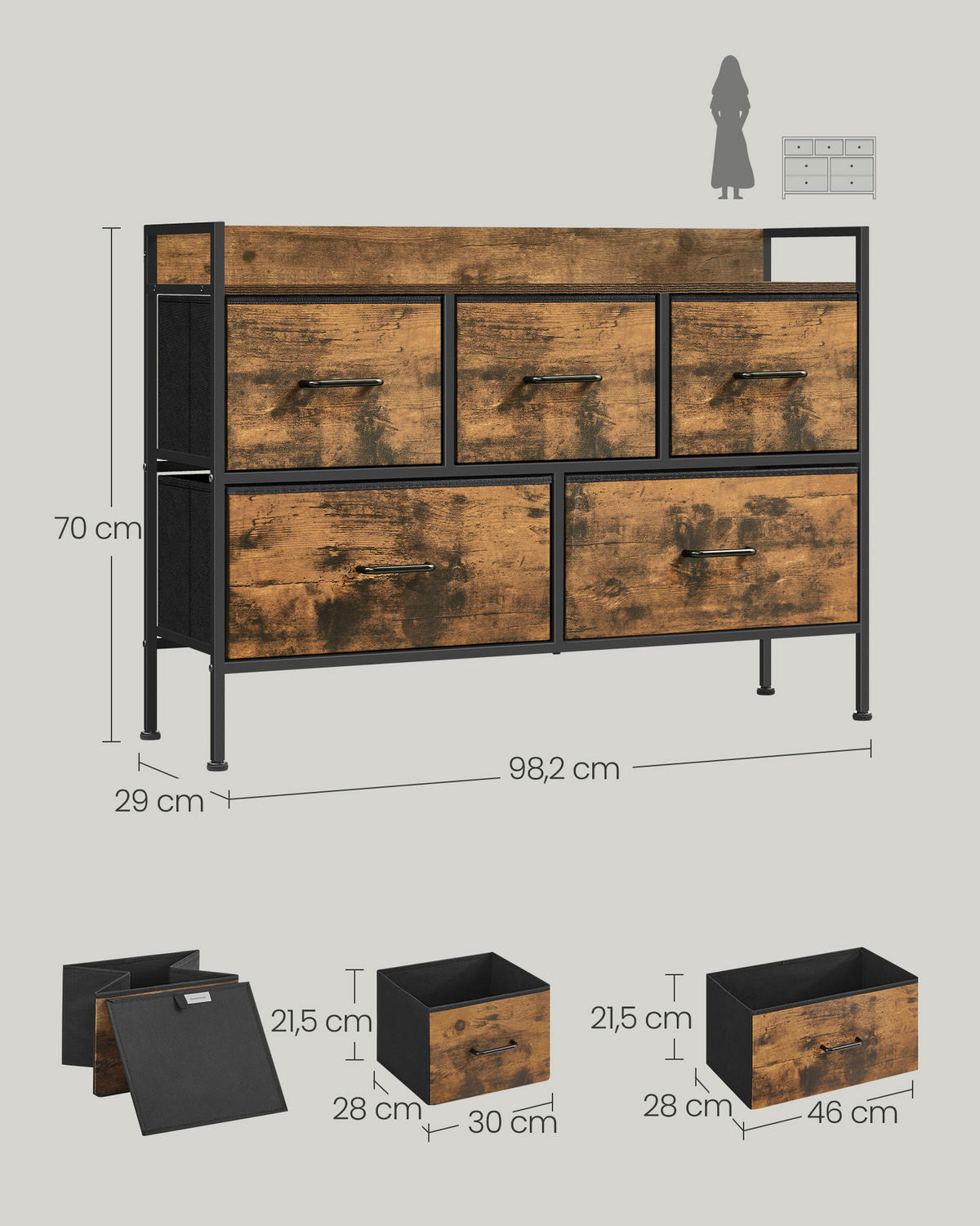 KOMMODE , 98,2/70/29 cm, 5 Schublade(n)  - Schwarz/Braun, Basics, Holzwerkstoff/Kunststoff (98,2/70/29cm)