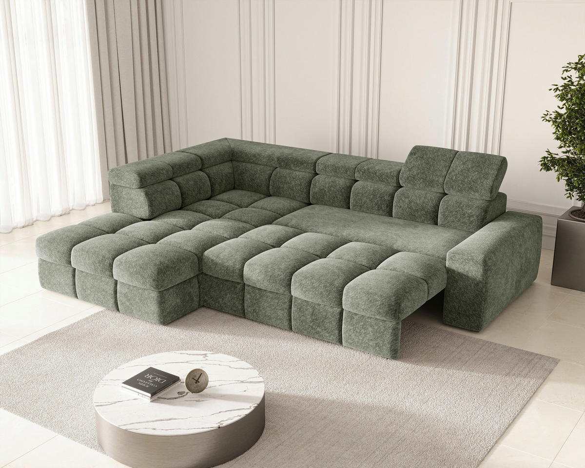 ECKSOFA Dunkelgrün Chenille Bettkasten, Schlaffunktion, Rücken echt, Kopfteilverstellung, Liegefläche im Originalstoff  - Dunkelgrün/Schwarz, MODERN, Kunststoff/Textil (204/292cm) - Milino