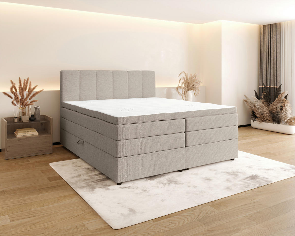 BOXSPRINGBETT 200/200 cm,  in Greige, gepolstertes Kopfteil, Bettkasten, Topper, Matratzen, H2 + H3 = mittel + fest  - Greige/Schwarz, KONVENTIONELL, Kunststoff/Textil (200/200cm) - Esposa