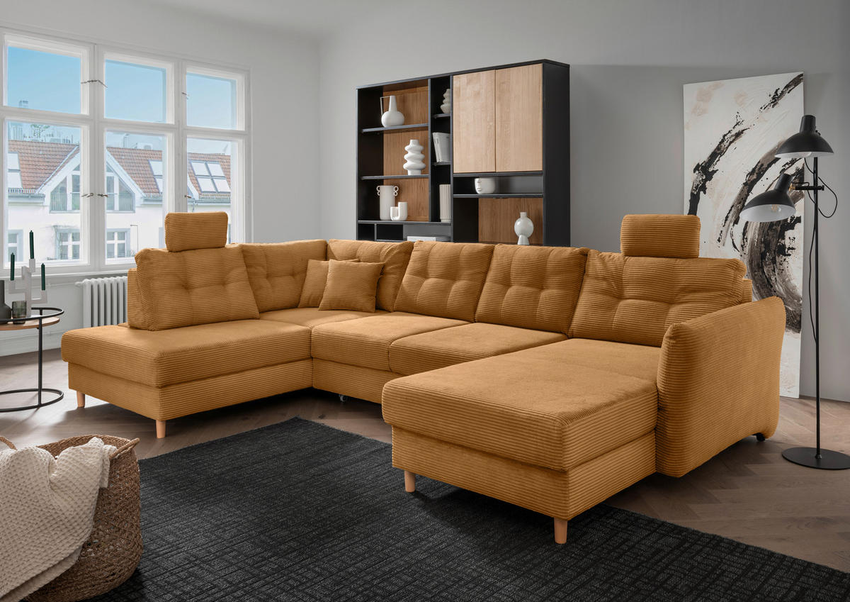 WOHNLANDSCHAFT in Cord Goldfarben  - Goldfarben/Naturfarben, Modern, Holz/Textil (206/338-352/176cm) - Livetastic