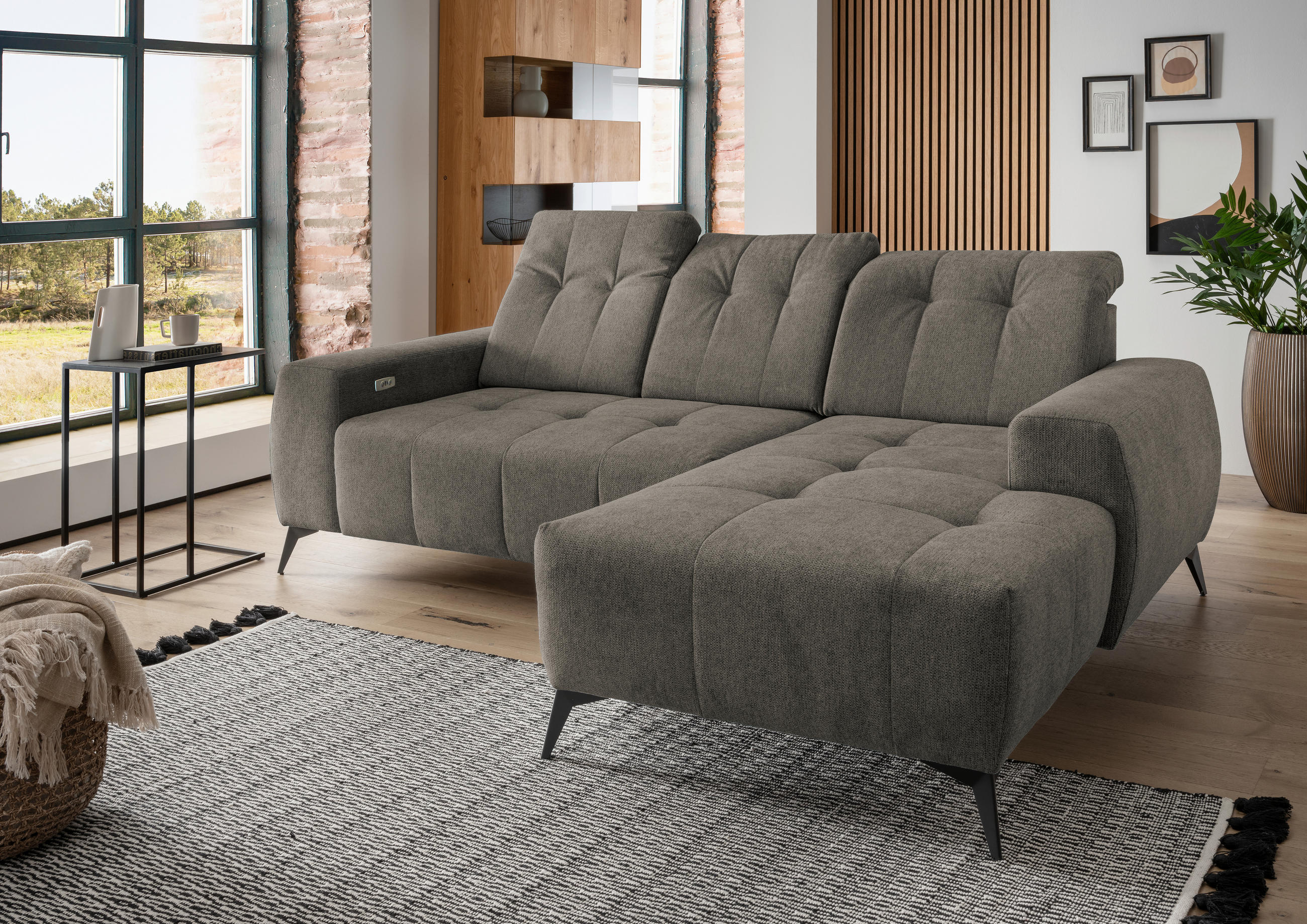 ECKSOFA Graubraun Chenille  - Graubraun/Schwarz, MODERN, Textil/Metall (258/180cm) - Livetastic