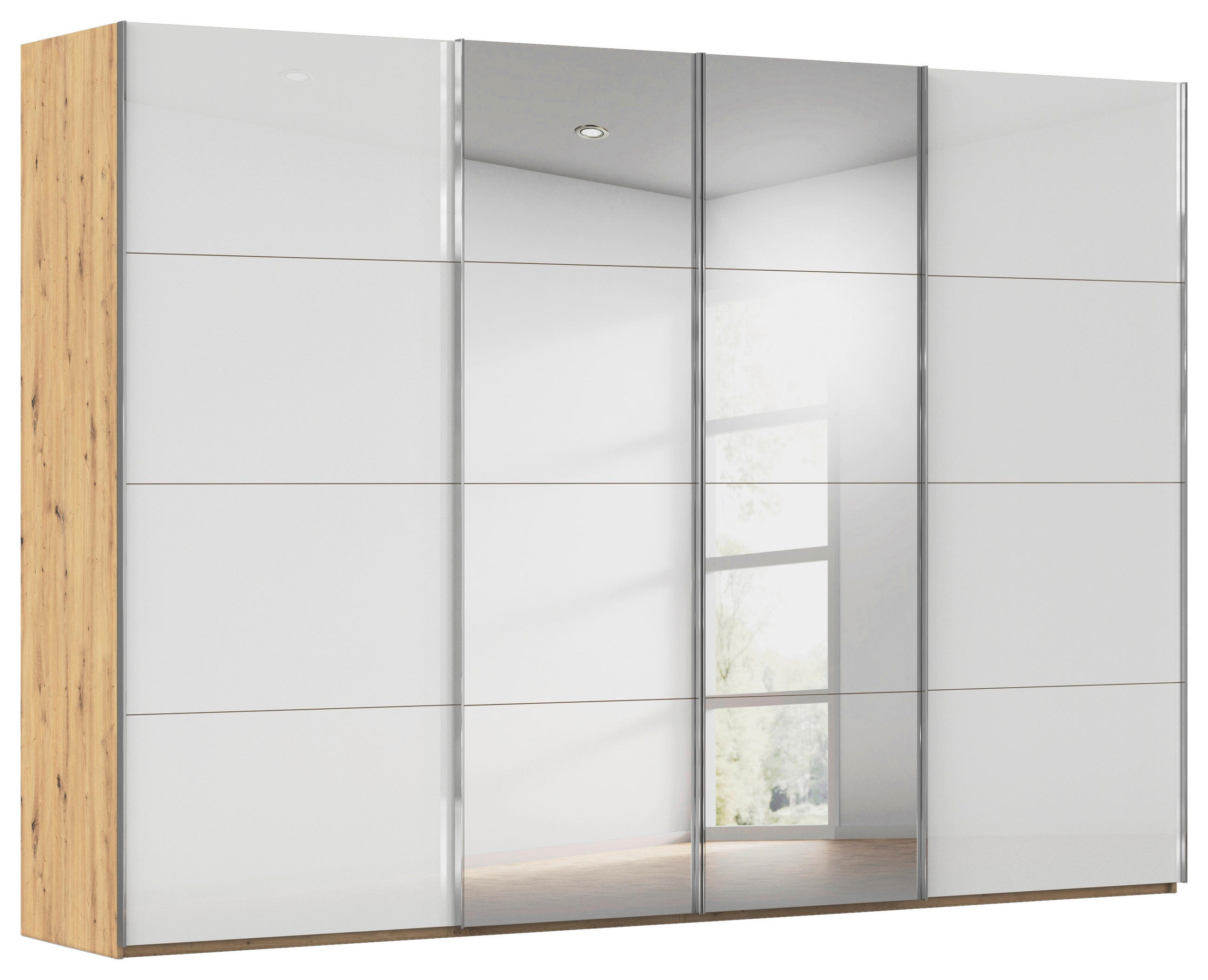 SCHWEBETÜRENSCHRANK 316/223/68 cm 4-türig Weiß, Eiche Artisan  - Chromfarben/Weiß, Design, Glas/Holzwerkstoff (316/223/68cm) - Novel