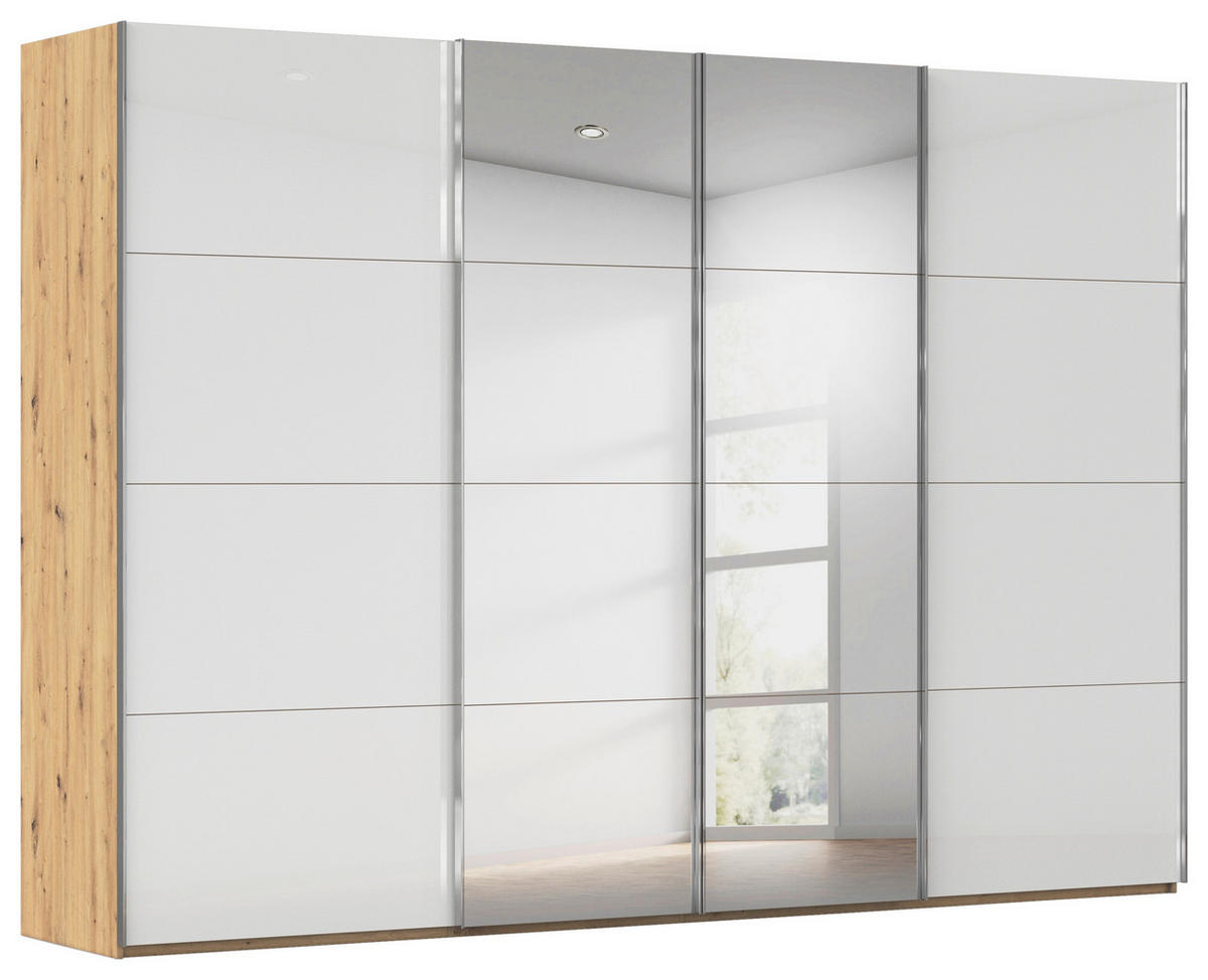 SCHWEBETÜRENSCHRANK 316/223/68 cm 4-türig Weiß, Eiche Artisan  - Chromfarben/Weiß, Design, Glas/Holzwerkstoff (316/223/68cm) - Novel