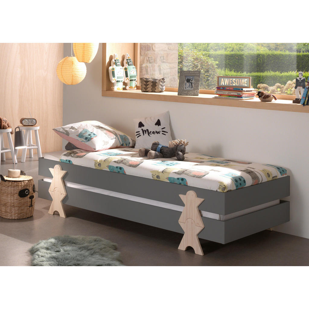 Stapelbett + Lattenrost 90x200 cm Modulo Kiefer Massiv/Grau