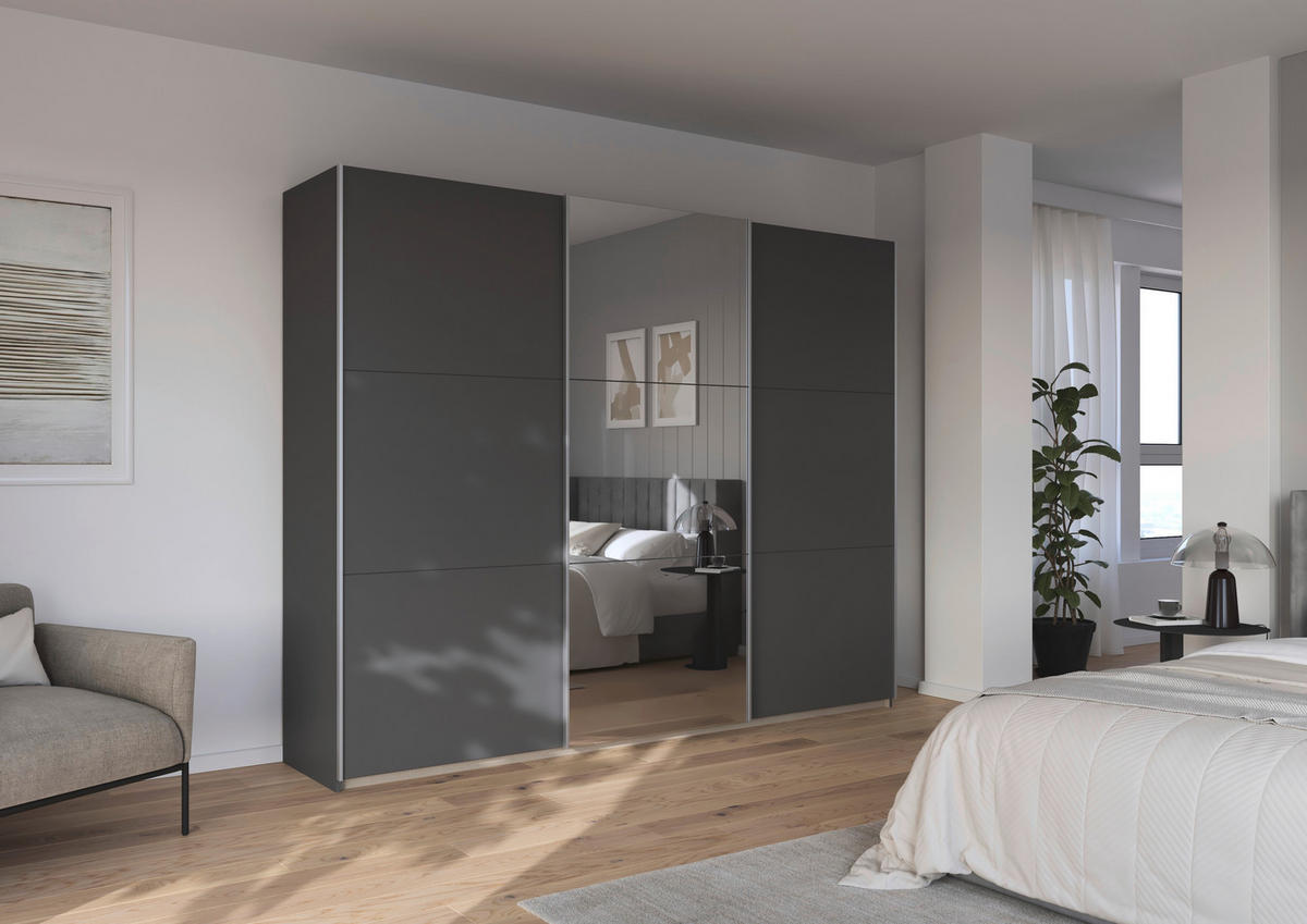 GARDEROB MED SKJUTDÖRRAR 261/210/59 cm,  i grå, 3 dörrar  - grå, Trend, metall/trämaterial (261/210/59cm) - Rauch Möbel