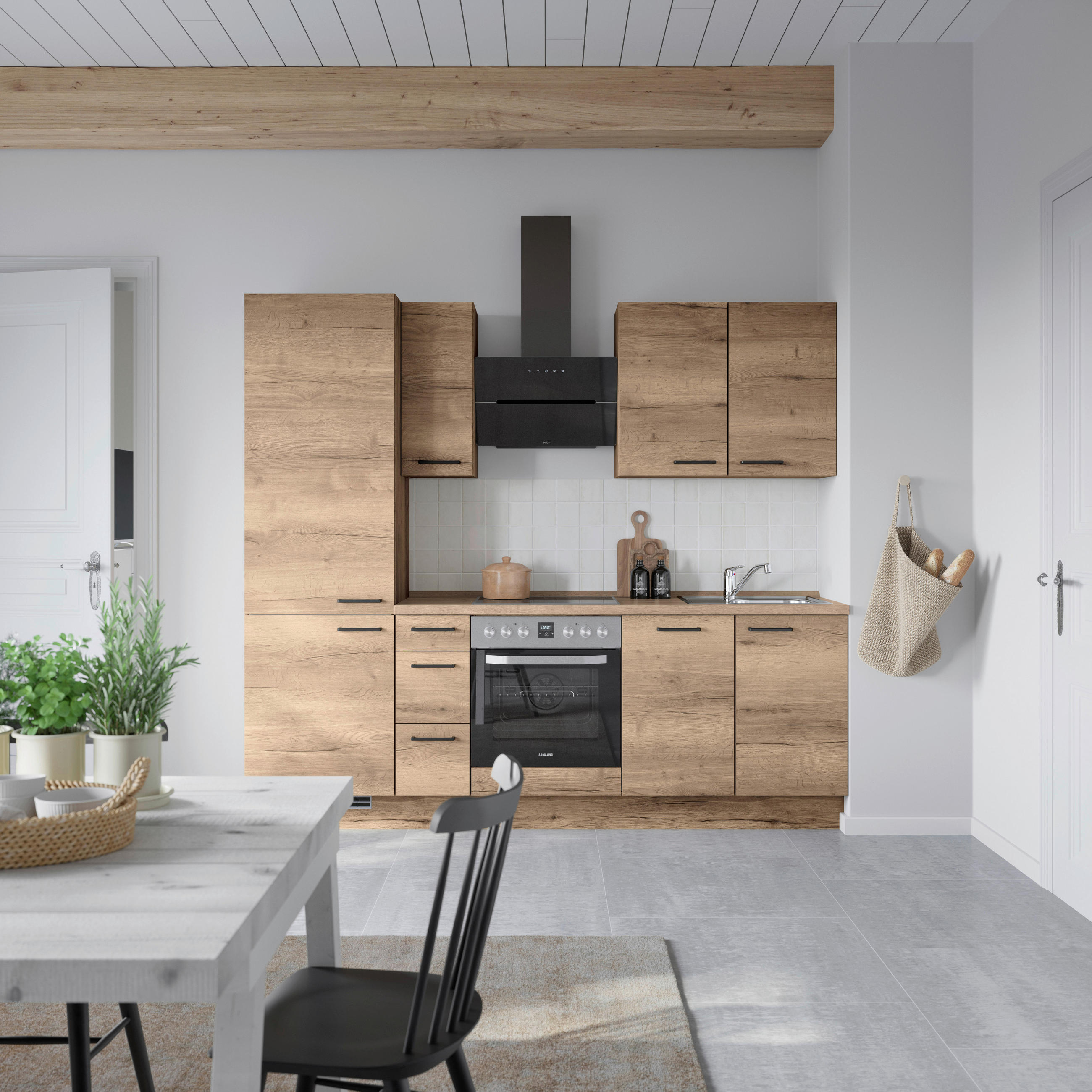 BUCĂTĂRIE FĂRĂ ELECTROCASNICE  - stejar închis la culoare/negru, Modern, metal/material pe bază de lemn (240cm) - Nobilia