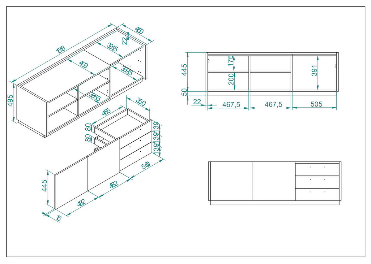 LOWBOARD  in 152/50/45 cm  - Eichefarben/Anthrazit, Design, Holzwerkstoff/Metall (152/50/45cm) - MID.YOU