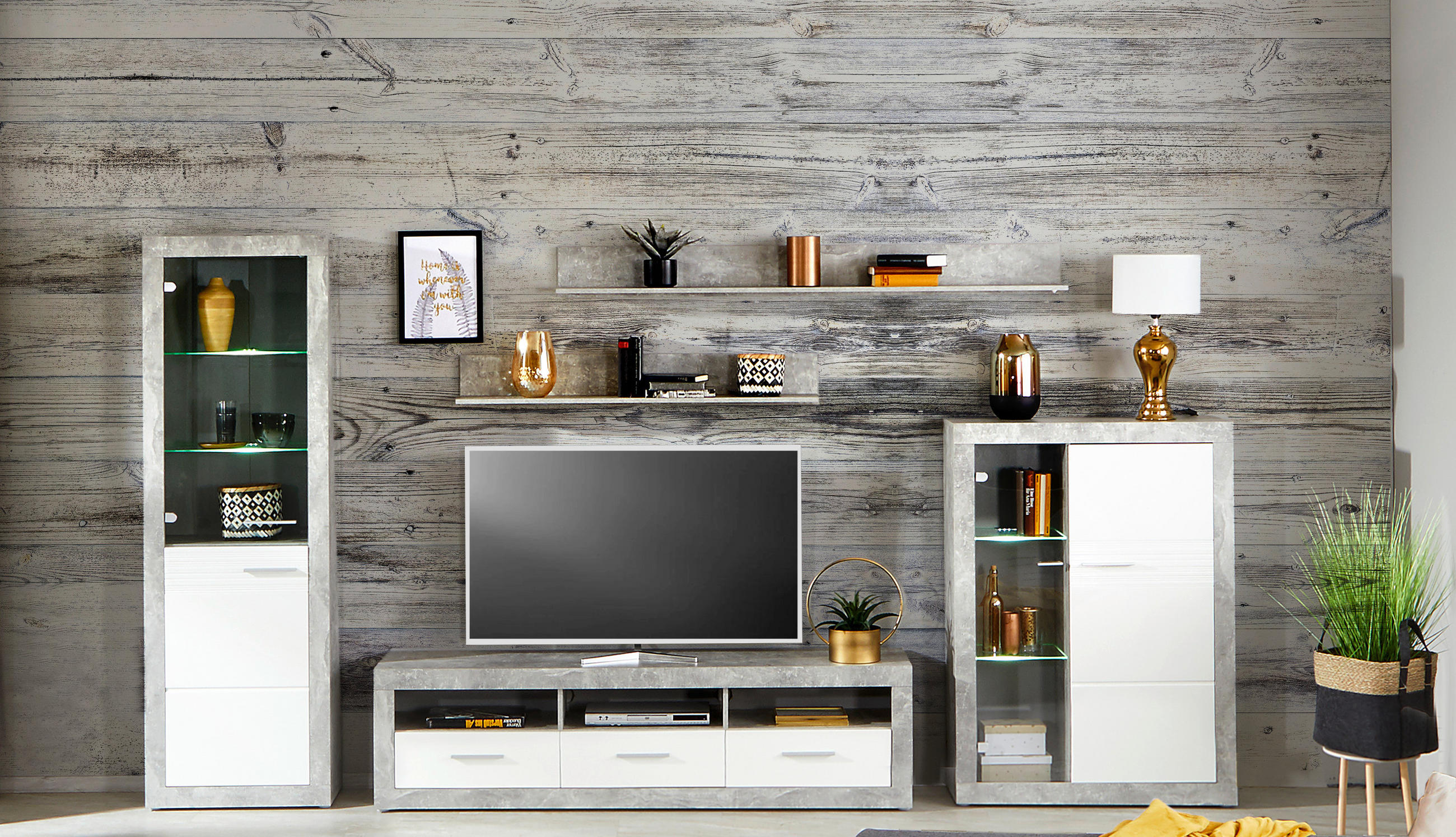 Wohnkombination 5 -Teilig. mit Led Malta 7, Betonoptik/Weiß