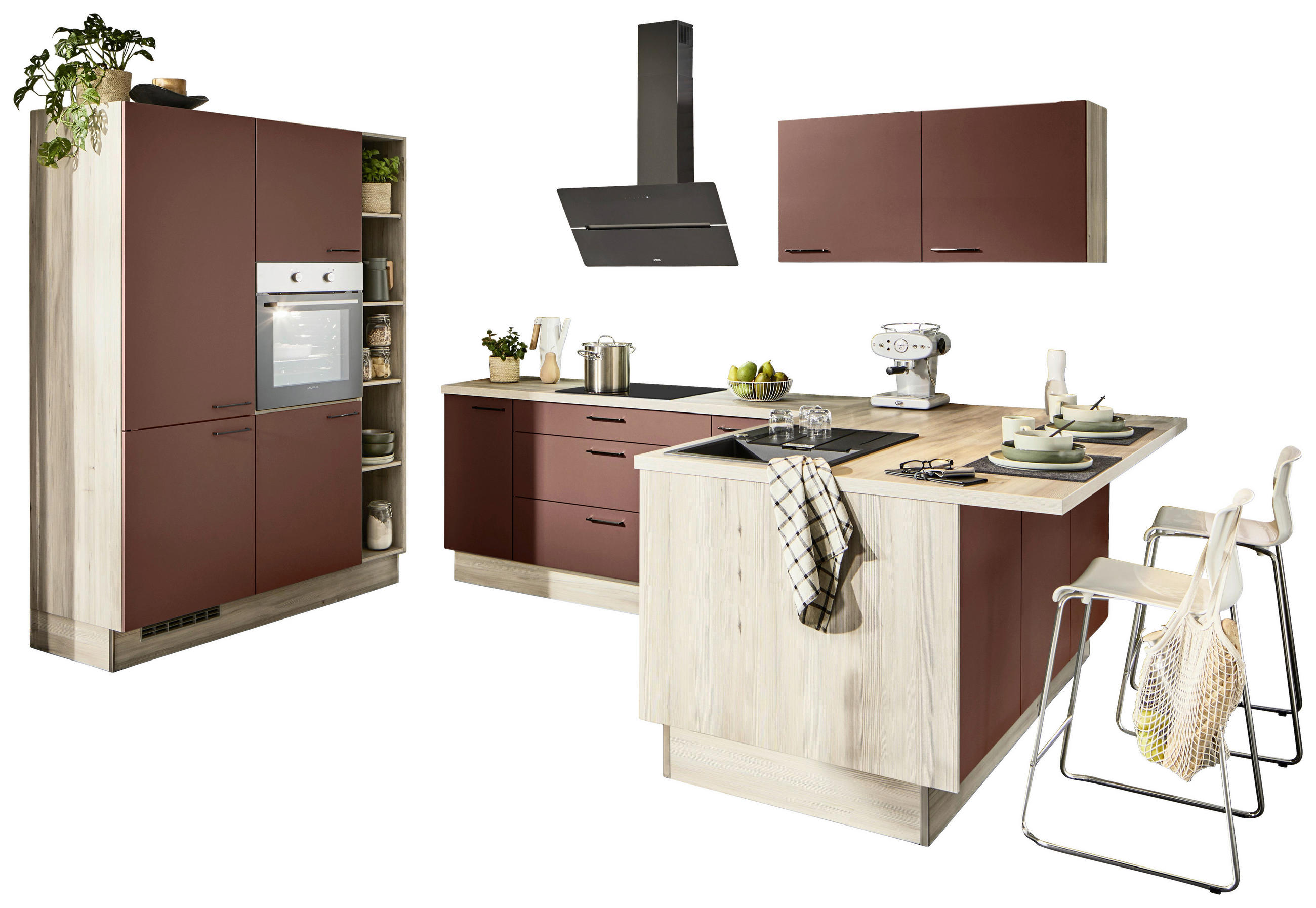 ECKKÜCHE  in Rot, Tannenholzfarben  - Rot/Tannenholzfarben, Design, Holzwerkstoff/Metall (150/280/121,6cm) - Xora