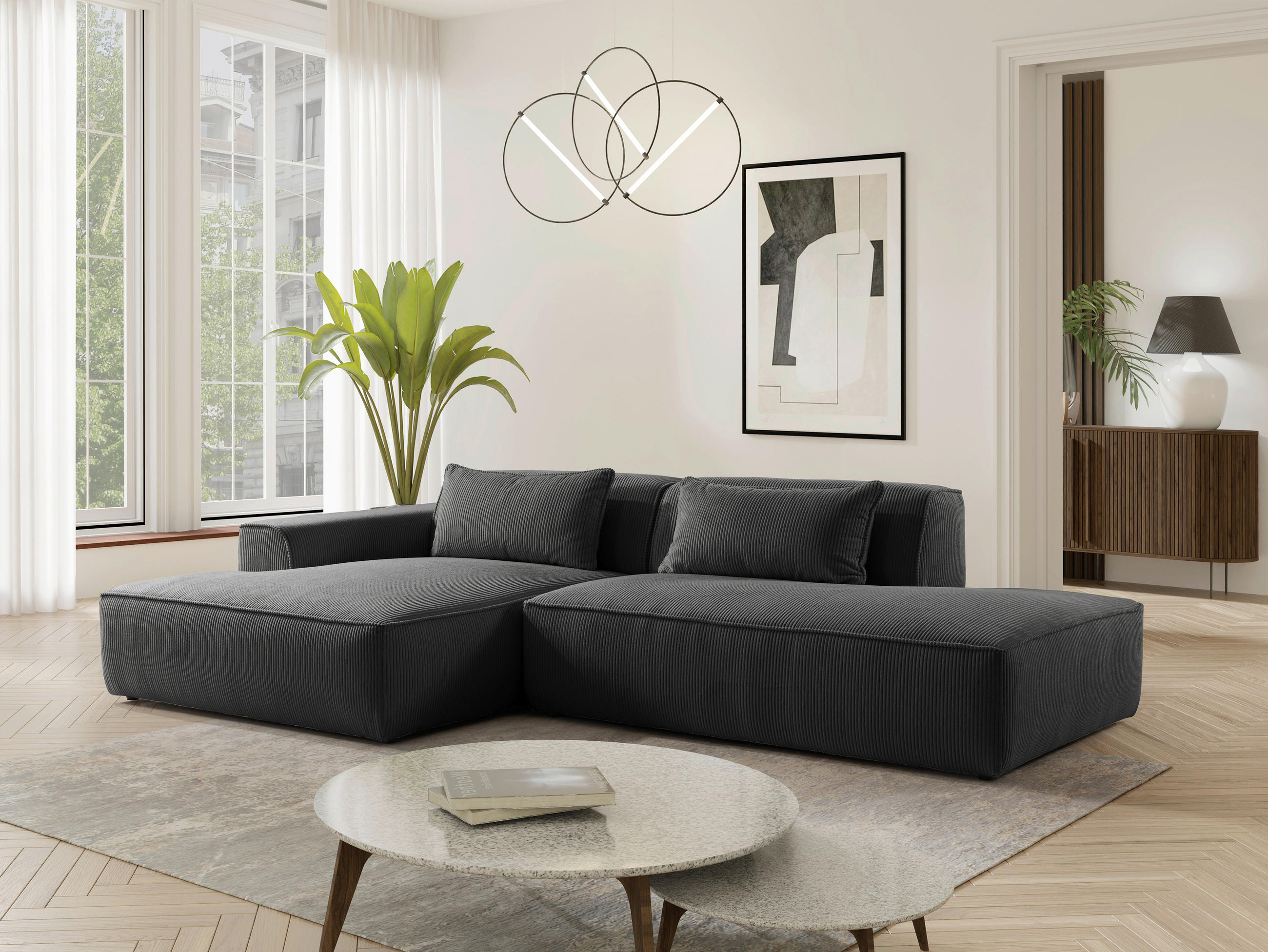 ECKSOFA BILLUND Anthrazit Cord Nierenkissen  - Anthrazit/Schwarz, KONVENTIONELL, Kunststoff/Textil (294/165cm) - Livetastic
