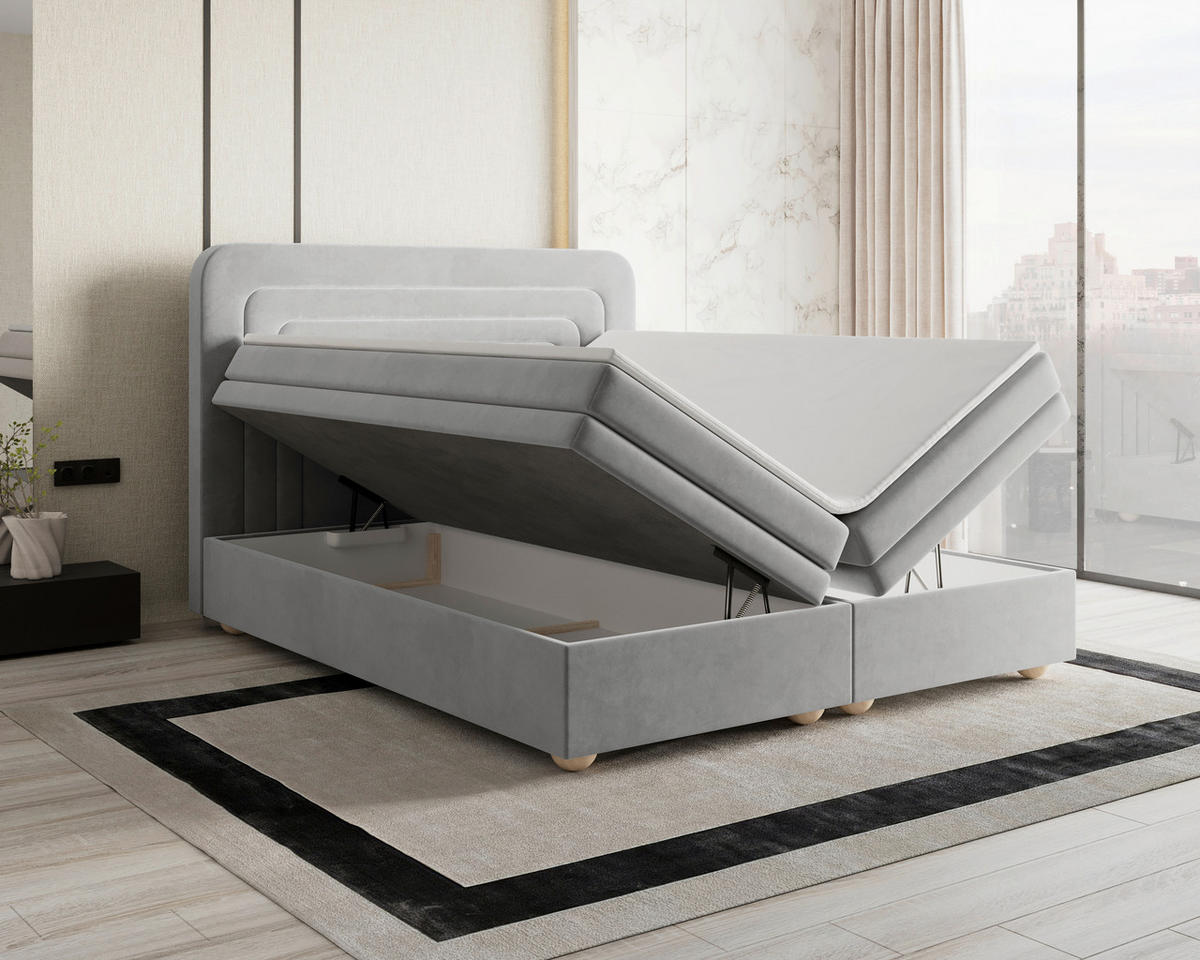 BOXBETT 180/200 cm,  in Grau, gepolstertes Kopfteil, Bettkasten, Topper, H2 + H3 = mittel + fest  - Braun/Grau, MODERN, Holz/Kunststoff (180/200cm) - Livetastic