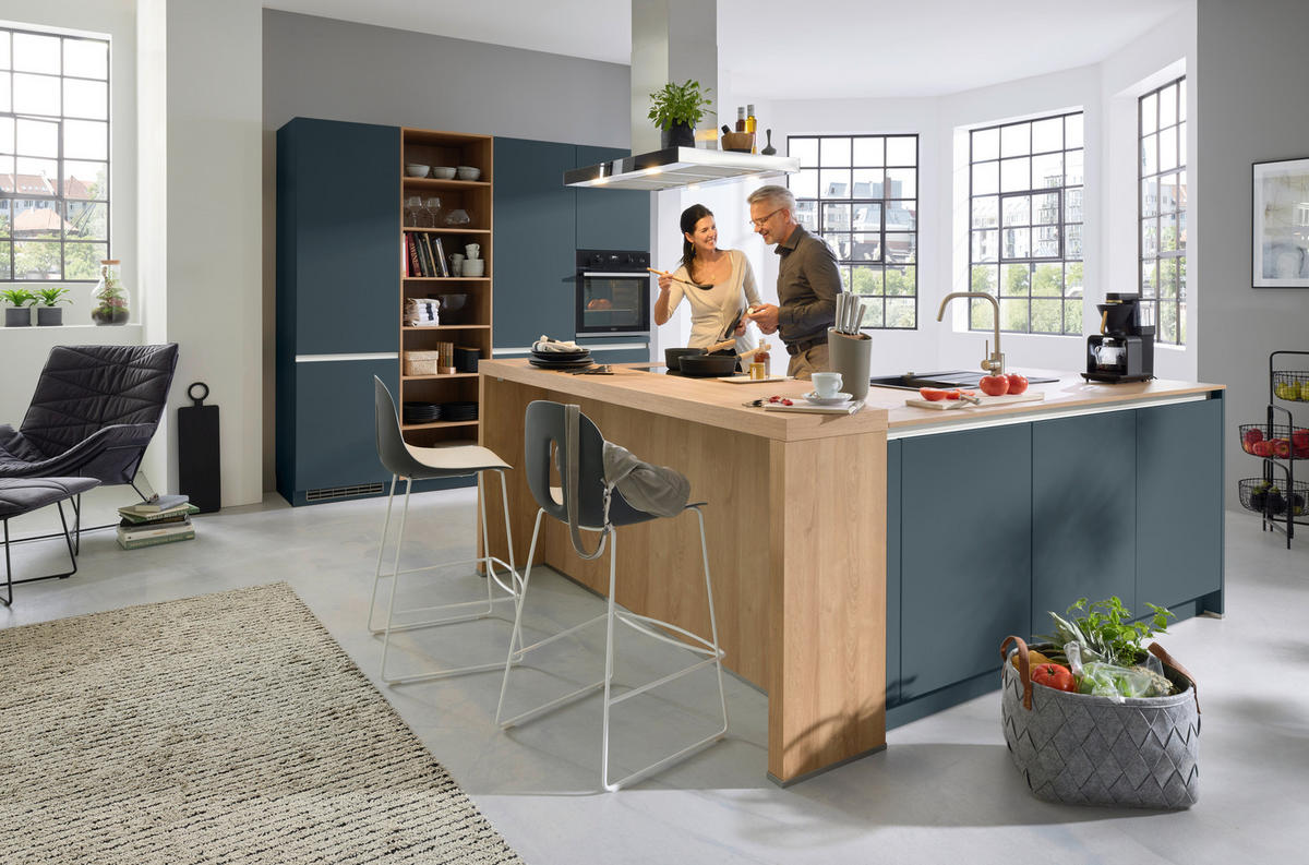 EINBAUKÜCHE SILVIA  - Eichefarben/Hellblau, Design, Holzwerkstoff - Novel