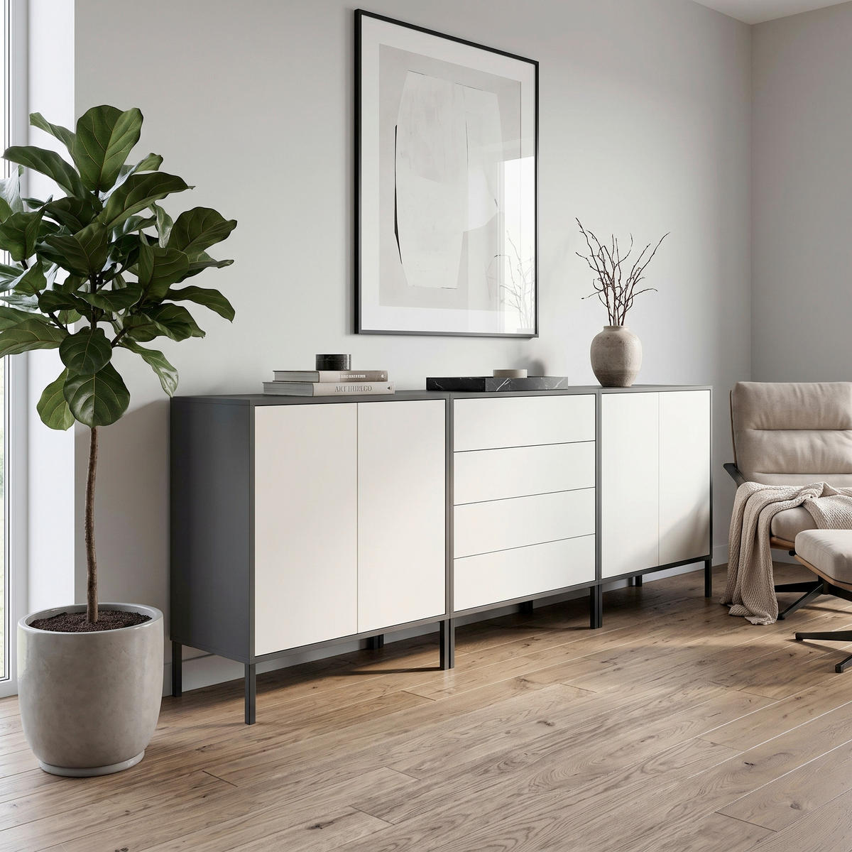 SIDEBOARD   - Anthrazit/Weiß, MODERN, Holzwerkstoff/Metall (237/86/33cm) - MID.YOU