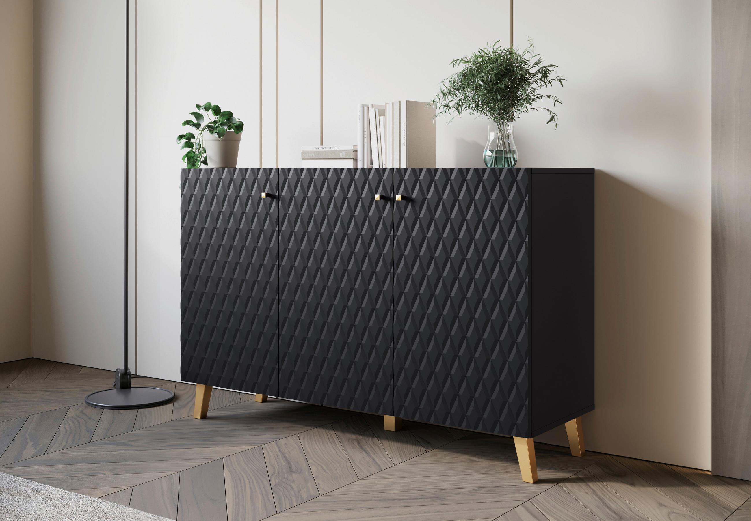 P & B SIDEBOARD Schwarz, Gold 120cm × 39cm × 76cm