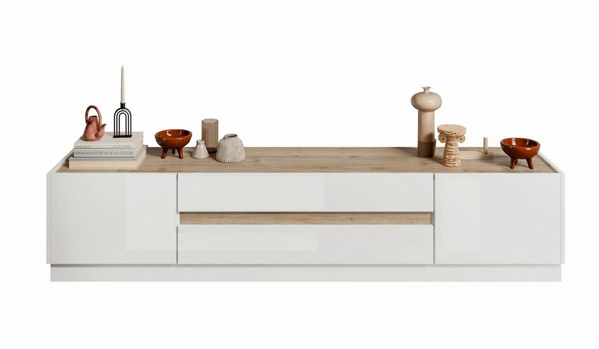 COMODĂ JOASĂ 205/44/40 cm  - culoare lemn stejar/alb lucios intens, Modern, material pe bază de lemn (205/44/40cm) - Carryhome