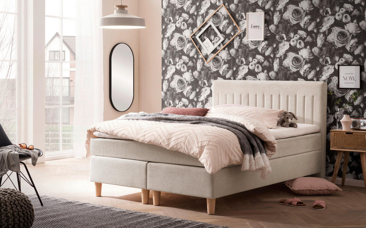 BOXSPRINGBETT 140/200 cm  in Beige  - Beige/Buchefarben, Basics, Holz/Textil (140/200cm) - Boxxx