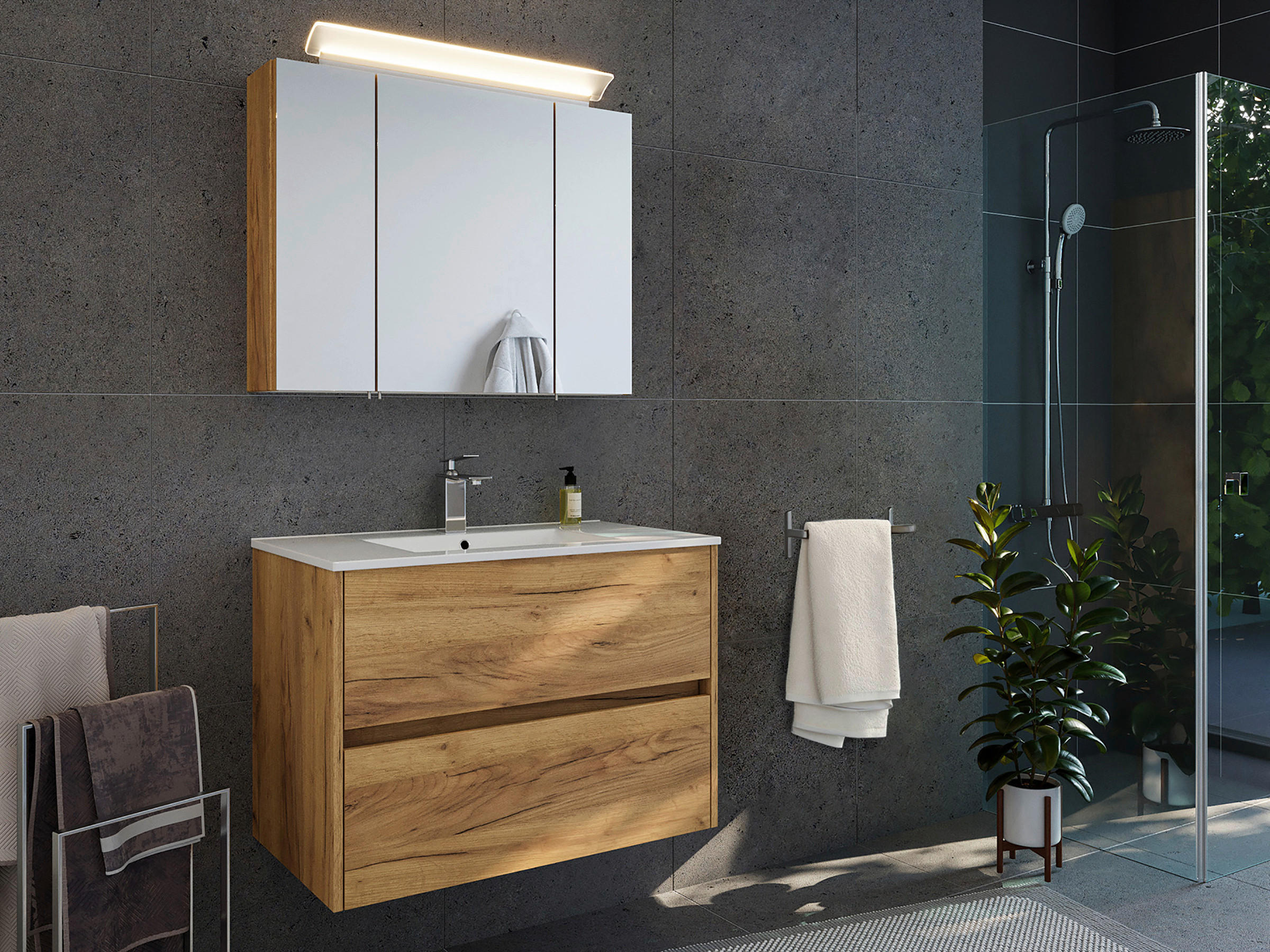 BADEZIMMER 2-teilig  in 80 cm  - Eichefarben/Weiß, Basics, Keramik/Holzwerkstoff (80cm) - MID.YOU