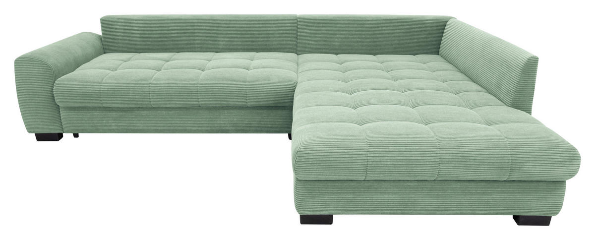 ECKSOFA Pastellgrün Cord Rückenkissen, Armlehnenkissen, Bettkasten, Schlaffunktion, Rücken echt, Liegefläche im Originalstoff  - Pastellgrün/Schwarz, KONVENTIONELL, Kunststoff/Textil (304/212cm) - Carryhome