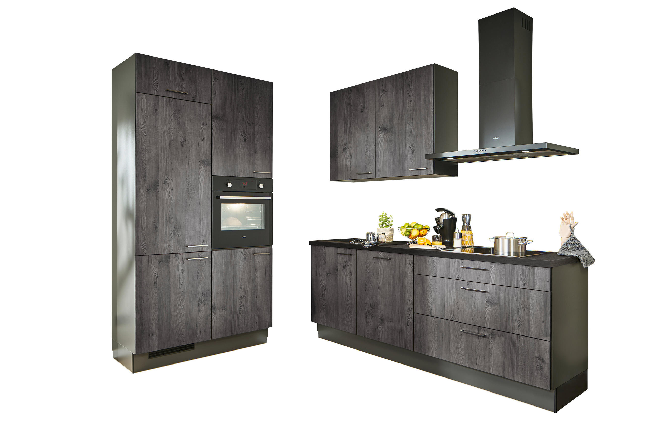 ECKKÜCHE XO 10 120/220 cm  in Graphitfarben, Schwarz, Eiche dunkel  - Eiche dunkel/Chromfarben, Design, Holzwerkstoff/Metall (120/220cm) - Xora