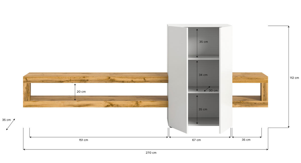 WOHNWAND 2-teilig  in Eiche Wotan  270/112/35 cm  - Eiche Wotan/Schwarz, Design, Holzwerkstoff (270/112/35cm) - MID.YOU