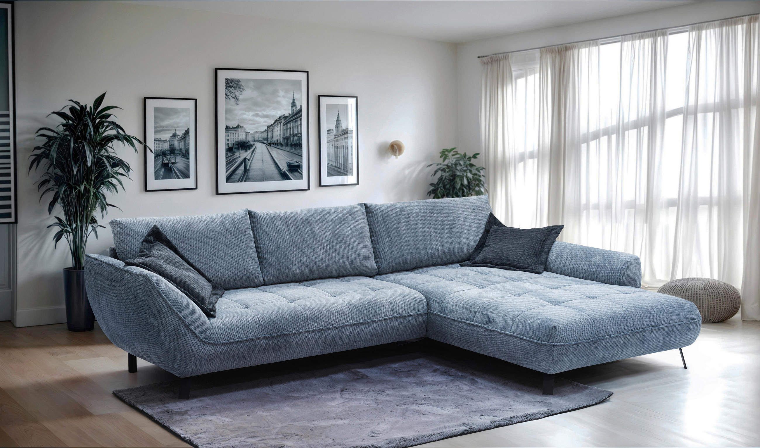 ECKSOFA in Struktur Blau  324/205 cm  - Blau/Schwarz, Design, Textil/Metall (324/205cm) - Livetastic