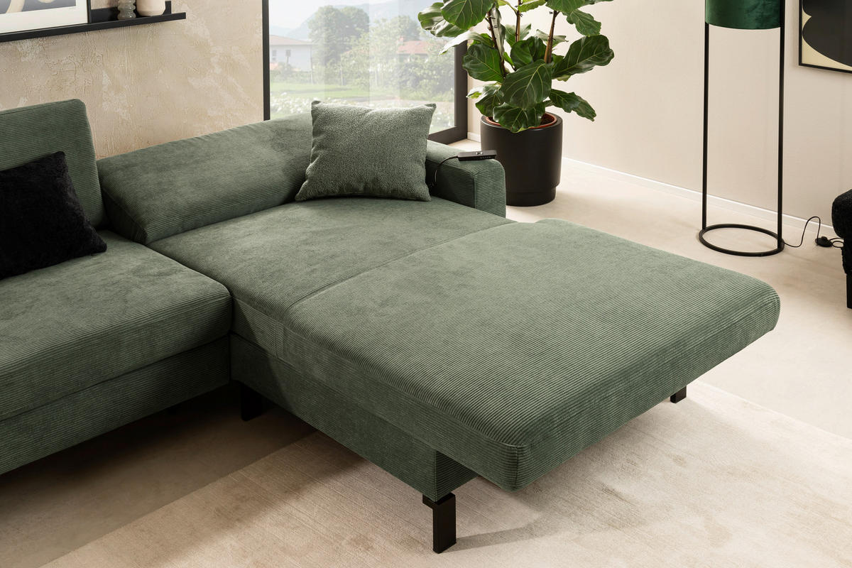 ECKSOFA in Cord Olivgrün  - Schwarz/Olivgrün, Design, Textil/Metall (298/185cm) - Pure Home Lifestyle