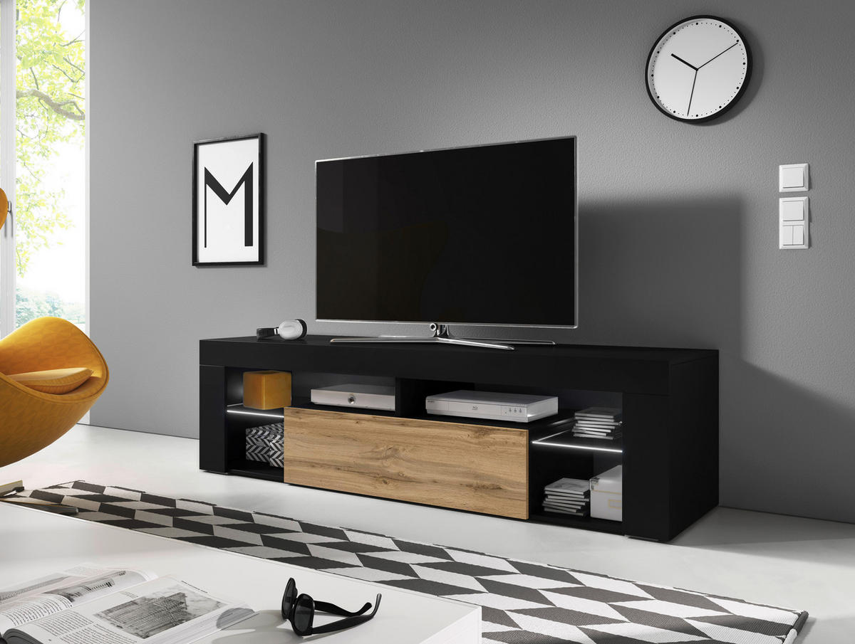 LOWBOARD EVEREST  in 140/50,5/35 cm  - Eiche Wotan/Schwarz, Design, Glas/Holzwerkstoff (140/50,5/35cm) - Livetastic