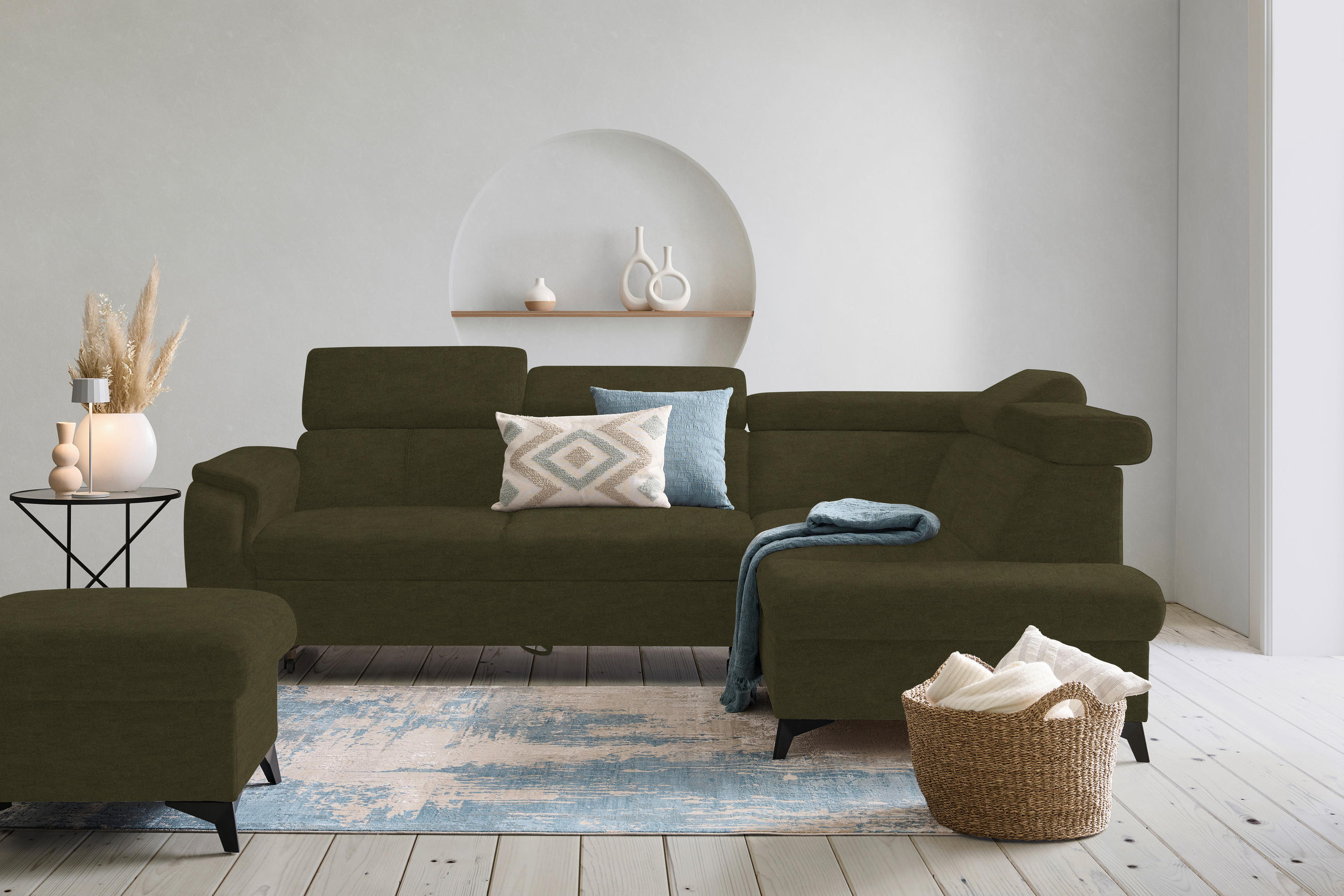 ECKSOFA in Mikrofaser Olivgrün  - Schwarz/Olivgrün, Design, Textil/Metall (260/203cm) - Stylife