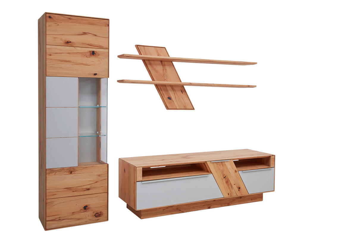 WOHNWAND Sonia  in Weiß, Buchefarben  274/206/54 cm  - Edelstahlfarben/Buchefarben, Design, Glas/Holz (274/206/54cm) - Valnatura